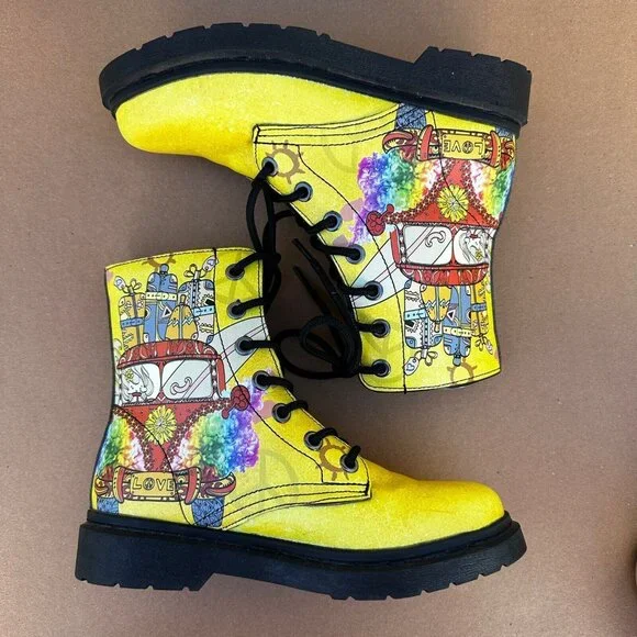 Yes We Vibe Combat Boots Yellow Travel Van Women’s Size 7 EU 38 Vegan Lace Up - Picture 8 of 10